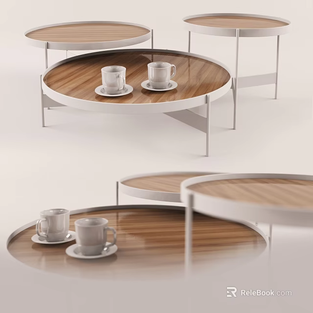 Modern Round Coffee Table With Wooden Top White Metal Legs And Coffee Cups On Saucers 3d model 