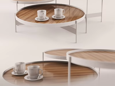 Modern Round Coffee Table With Wooden Top White Metal Legs And Coffee Cups On Saucers 3d model