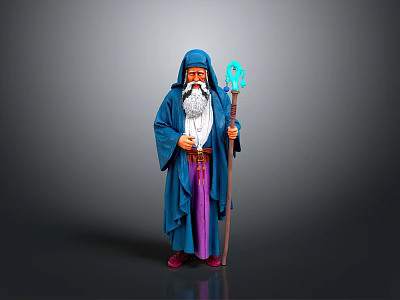 Mystical Man In Blue Robe With White Beard Holding Crystal Staff 3d model