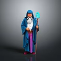 Mystical Man In Blue Robe With White Beard Holding Crystal Staff