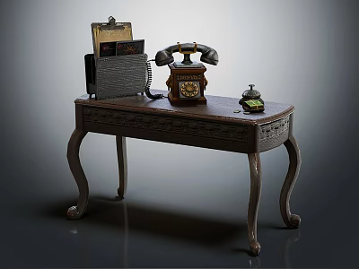 Vintage Wooden Table With Carved Legs Antique Telephone And Decorative Items 3d model