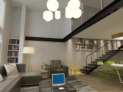 Modern Casual Lounge Area With Gray Sofa Laptop On Rug Staircase And Decorative Paintings 3d model