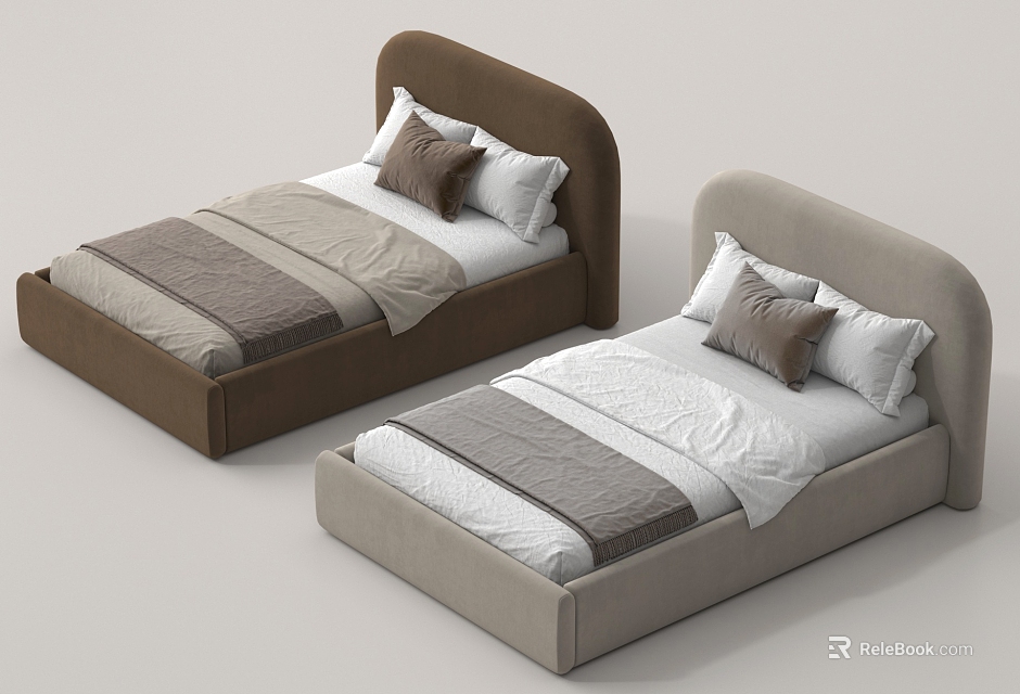 Stylish Single Bed with Curved Headboard Brown and Light Gray Pillows Bedding 3d model 