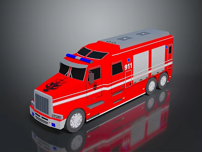 Red Fire Truck With 911 Logo Blue Emergency Lights And White Stripes 3d model