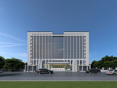 Modern Office Building Facade With Glass Windows Green Trees And Parked Cars 3d model