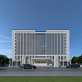 Modern Office Building Facade With Glass Windows Green Trees And Parked Cars