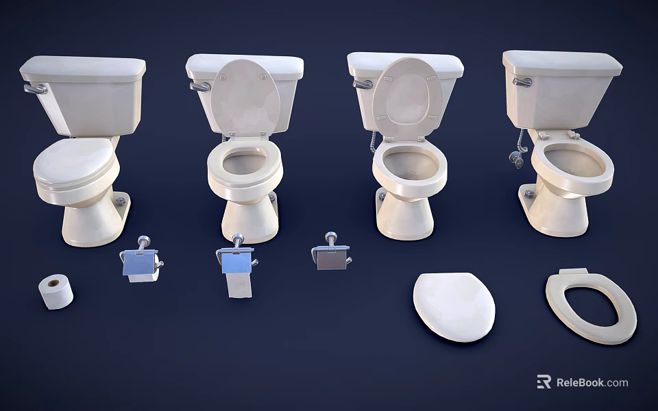 Various Toilet Designs With Open And Closed Lids And Flushing Components 3d model 
