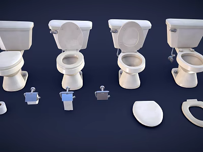 Various Toilet Designs With Open And Closed Lids And Flushing Components 3d model