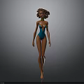3D Female Model Wearing Blue Bodysuit With Curly Hair And Necklace