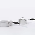 Silver Cookware Set Including Frying Pan and Lidded Pot with Black Handles