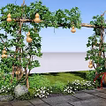Rural Landscape with Gourd Trellis Vines Fu Character Gourd Green Plants Grass and Stone Path