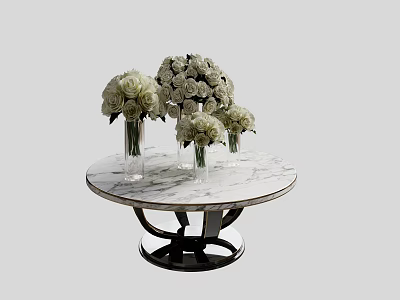 Round Marble Top Coffee Table With Black Base Glass Vases And White Roses 3d model