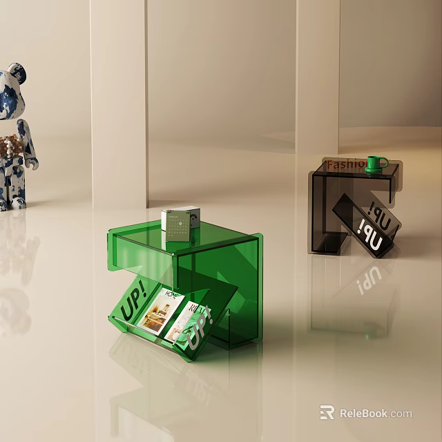 Modern Transparent Green And Black Side Tables With Sleek Design And Decorative Tags 3d model 