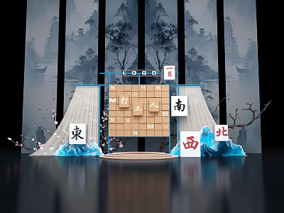 Traditional Chinese Landscape Photo Check In Spot With Mahjong Tiles And Direction Signs 3d model
