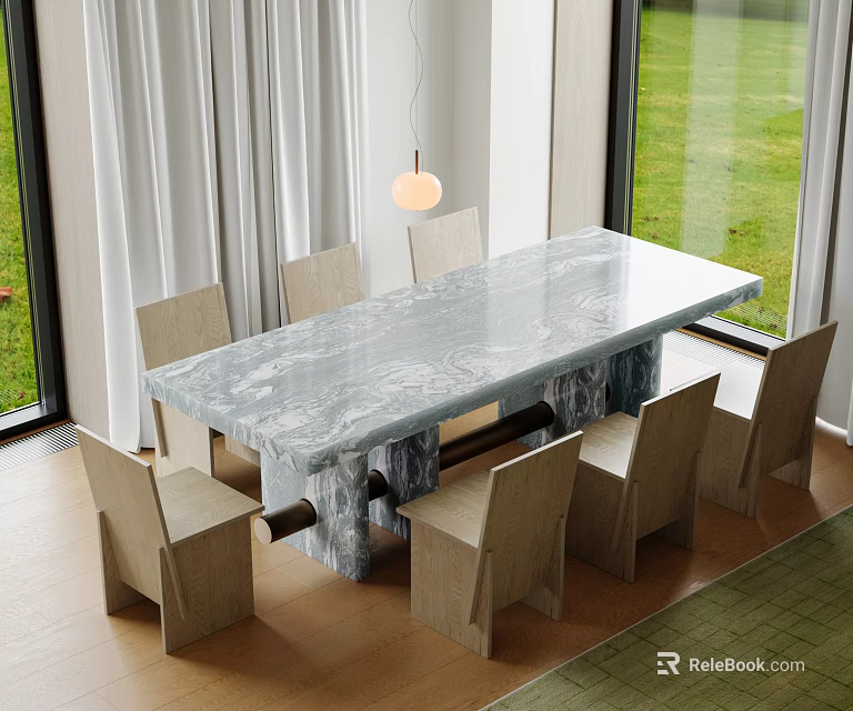 Modern Dining Table Set with Marble Top and Minimalist Chairs Large Windows Green Lawn View 3d model 