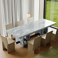 Modern Dining Table Set with Marble Top and Minimalist Chairs Large Windows Green Lawn View