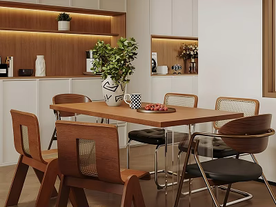 Cozy Modern Restaurant Dining Area With Wooden Table Chairs Green Plant Built-in Lighting And Shelves 3d model