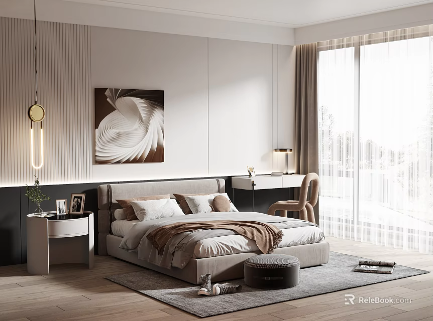 Modern Bedroom Interior With White Striped Walls Hanging Lamp Artwork Bed And Large Window 3d model 