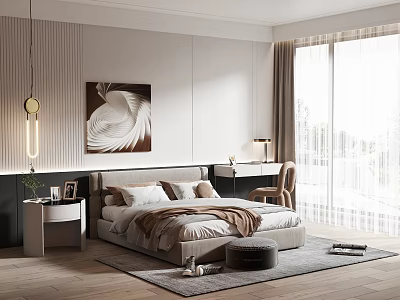Modern Bedroom Interior With White Striped Walls Hanging Lamp Artwork Bed And Large Window 3d model