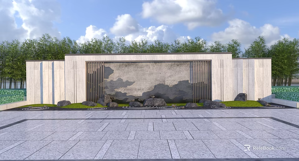 Modern Landscape Feature Wall With Stone Cloud Pattern Green Plants Trees And Paved Ground 3d model 