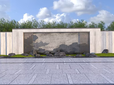 Modern Landscape Feature Wall With Stone Cloud Pattern Green Plants Trees And Paved Ground 3d model