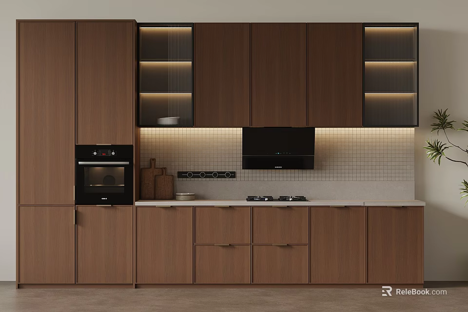 Modern Kitchen Interior Design With Brown Wood Cabinetry Built-in Oven Countertop And Lighted Upper Cabinets 3d model 