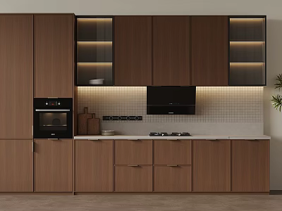 Modern Kitchen Interior Design With Brown Wood Cabinetry Built-in Oven Countertop And Lighted Upper Cabinets 3d model