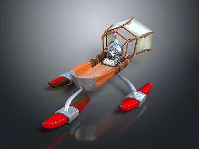 Miniature Aircraft Model Featuring Wooden Seat Metal Frame Transparent Canopy Red Thrusters And Small Robot 3d model