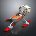 Miniature Aircraft Model Featuring Wooden Seat Metal Frame Transparent Canopy Red Thrusters And Small Robot