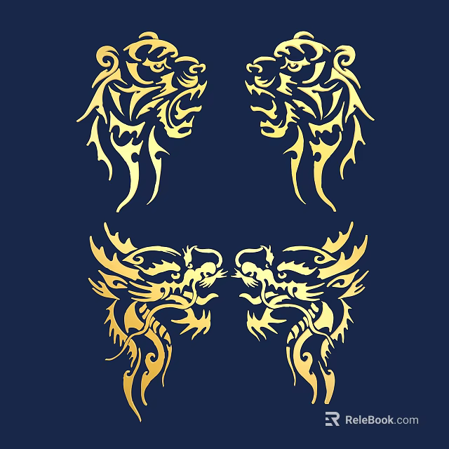 Golden Dragon Carving On Dark Blue Background With Intricate Design And Symmetrical Patterns 3d model 