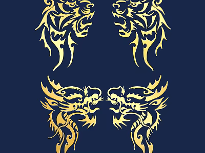 Golden Dragon Carving On Dark Blue Background With Intricate Design And Symmetrical Patterns 3d model