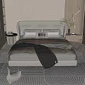 Modern Double Bed With Upholstered Headboard Pillows Checkered Blanket And Cat Ornament