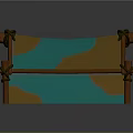 Tent Structure Supported By Wooden Poles With Blue And Yellow Fabric And Rope Ties