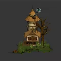 Whimsical Wooden Tower House With Thatched Roof Wooden Stairs Green Grass And Lotus Leaves