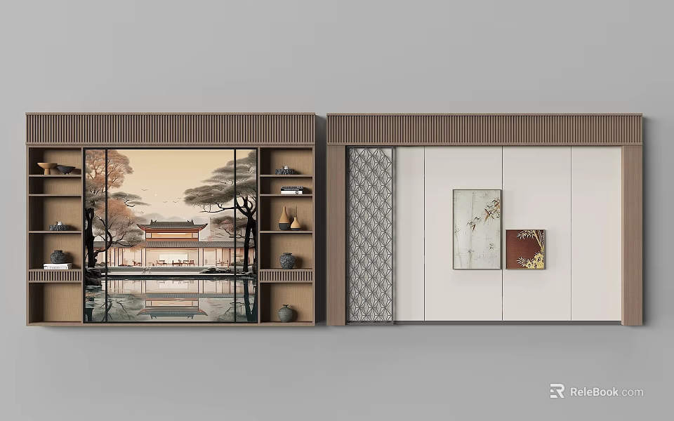 Elegant Chinese Style Background Wall With Decorative Paintings Wooden Shelves Ornaments Cabinets And Geometric Patterns 3d model 