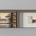 Elegant Chinese Style Background Wall With Decorative Paintings Wooden Shelves Ornaments Cabinets And Geometric Patterns