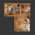Cartoon Style 3D Cutaway Two Story Room With Kitchen Bathroom Living Area And Small Furniture Items