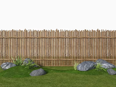 Decorative Garden Ornament Featuring Bamboo Fence Green Grass Rocks and Plants 3d model