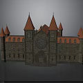 Castle Style Building with Red Spires Circular Clock and Stone Exterior