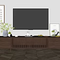 Modern Walnut TV Stand With Large TV Decorative Vases Potted Plants And Framed Wall Art