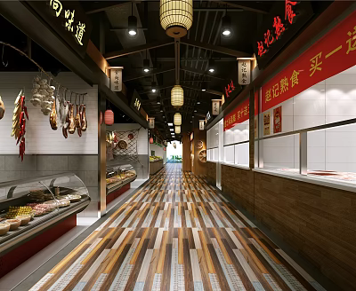 Supermarket Department Store Interior With Deli Section Hanging Meats Lanterns Glass Counters And Wooden Flooring 3d model