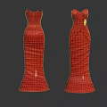 Elegant Red Evening Dresses On Two Mannequins With Decorative Accent And Sleek Design