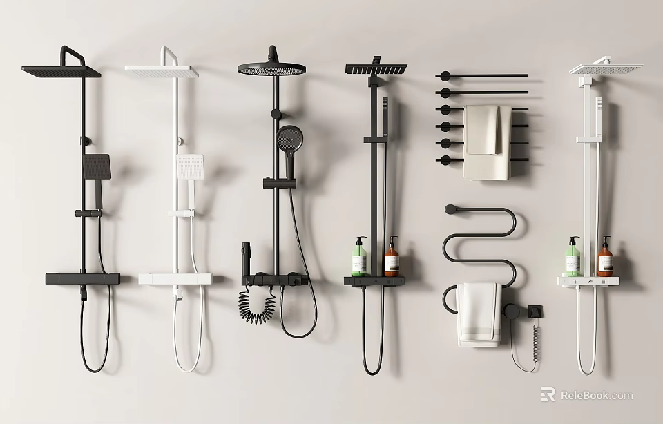 Modern Black And White Shower Systems With Handheld Sprayers And Wall Racks 3d model