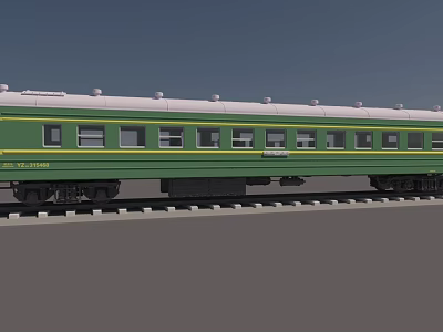 Green Train Carriage with White Roof and Yellow Stripe Multiple Windows Parked on Railway Track 3d model
