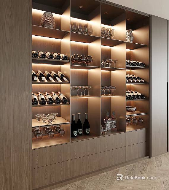 Modern Wooden Wine Cabinet With Tiered Shelves Lighting Wine Bottles And Glasses 3d model 