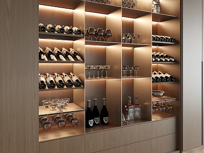 Modern Wooden Wine Cabinet With Tiered Shelves Lighting Wine Bottles And Glasses 3d model