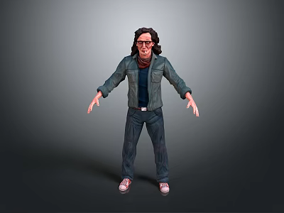 Man with curly hair wearing glasses red scarf dark jacket pink shoes arms outstretched 3d model