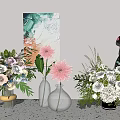 Beautiful Flower Vases with Pink Dahlias White Blooms and Blue Blossoms on Countertop