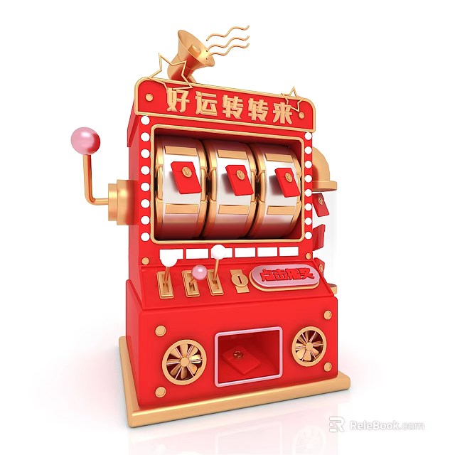 Red And Gold Commercial Slot Machine With Rotating Reels And Decorative Design 3d model 