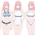 Three Anime Game And Movie Characters With Pink Hair In Swimwear Standing Together